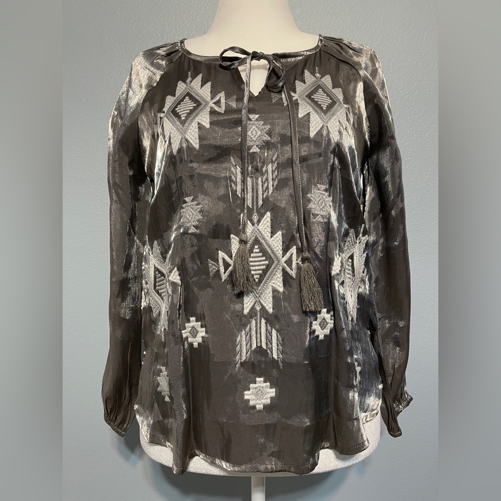 Savanna Jane Metallic Gray Embroidered Boho Blouse Tassel Peasant Indie Small